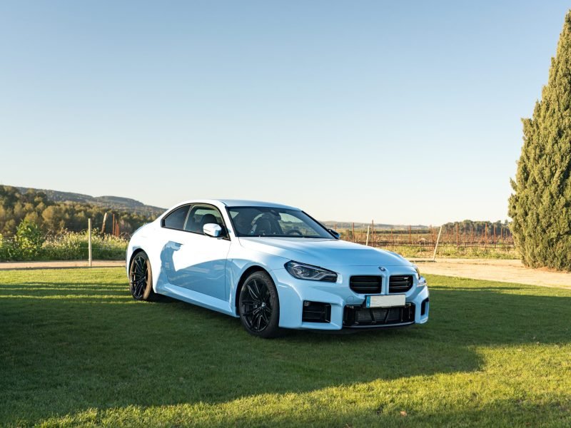 BMW M2 azul claro aparcado sobre el césped junto a un ciprés, con viñedos detrás